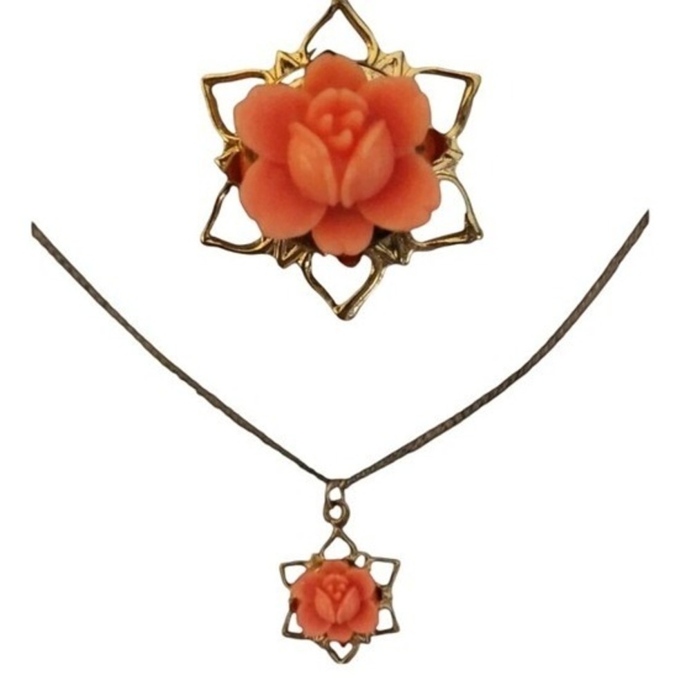 Faux coral rose pendant necklace vintage SKUJ041